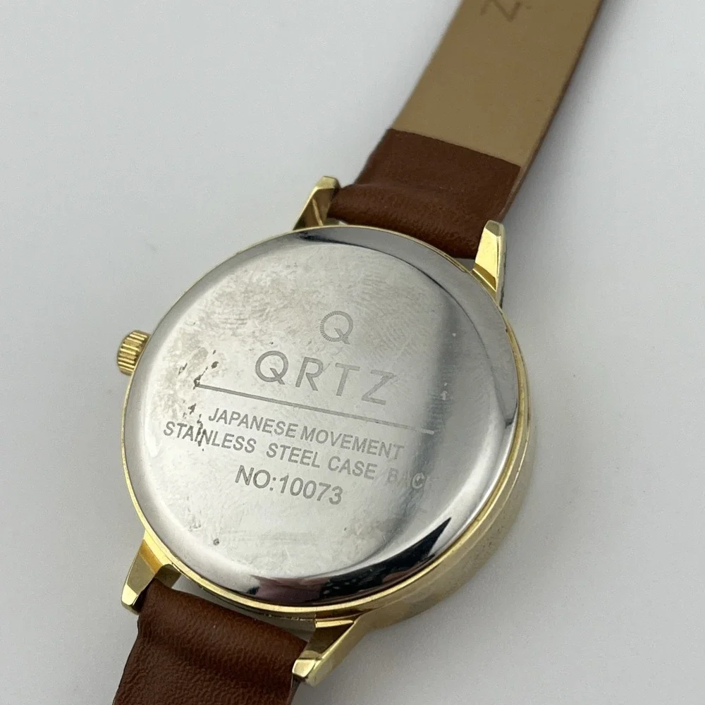 QRTZ Cactus Dial Watch Women‎ 34mm Gold Case Petite Brown Band- New Battery